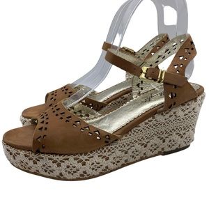 Miss Albright Sandals Brown Leather Lace Wedge Open Toe Buckle Casual Size 6.5